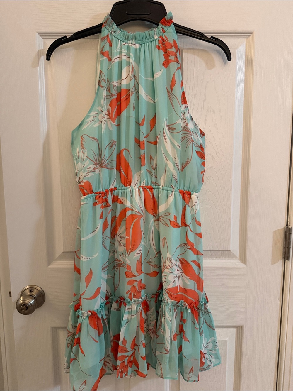 Aqua High Neck Halter Mini Dress with Coral Floral Print